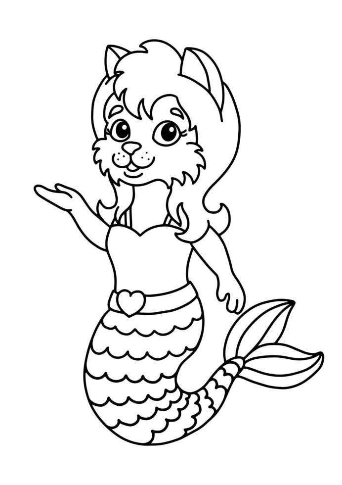 Cute little mermaid cat. Coloring book page for kids. Cartoon style. Vector illustration isolated on white background.