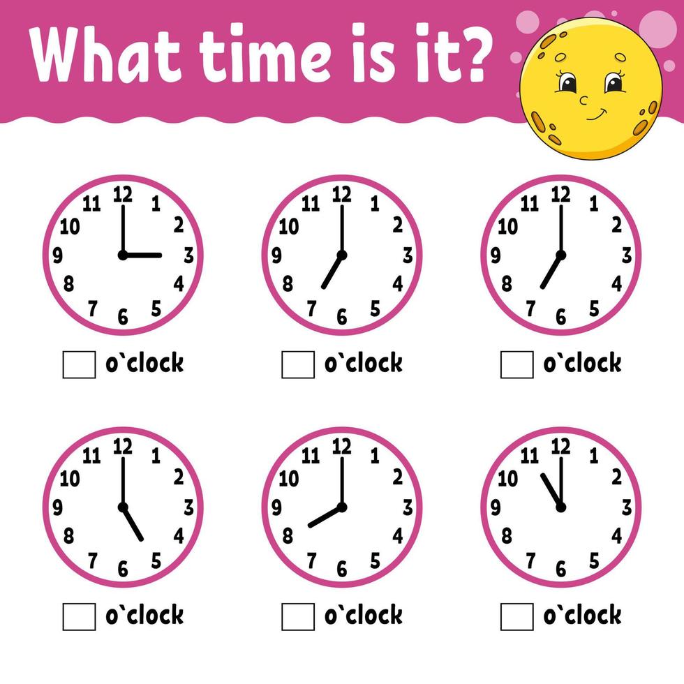 Learning time on the clock. Educational activity worksheet for kids and toddlers. Game for children. Simple flat isolated color vector illustration in cute cartoon style.