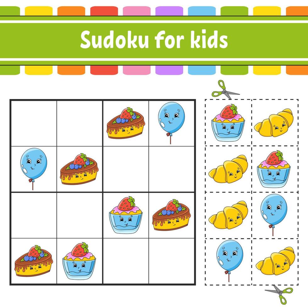 sudoku para niños. hoja de trabajo de desarrollo educativo. página de actividades con imágenes. juego de rompecabezas para niños. entrenamiento del pensamiento lógico. ilustración vectorial aislada. personaje divertido. estilo coon. vector