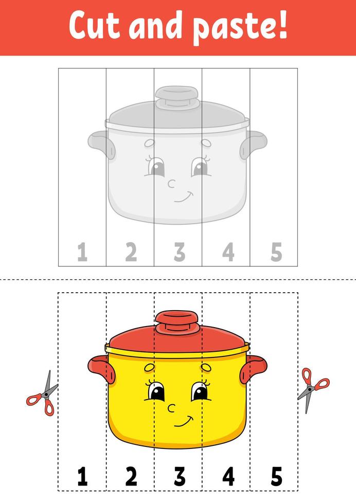 Learning numbers 1-5. Cut and glue. Cartoon character. Education developing worksheet. Game for kids. Activity page. Color isolated vector illustration.