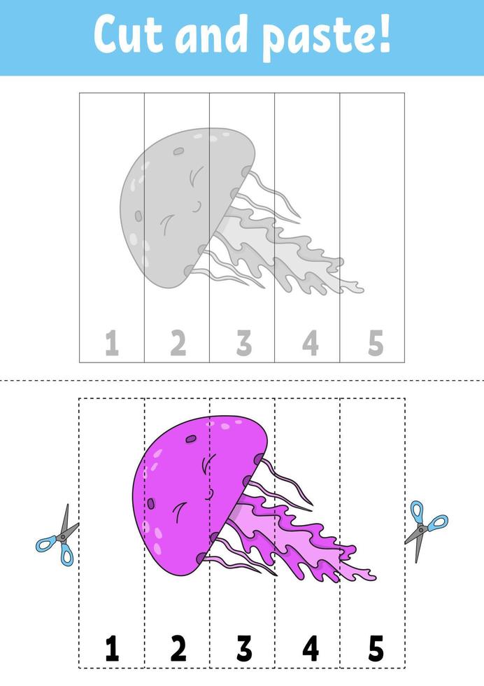 Learning numbers 1-5. Cut and glue. Cartoon character. Education developing worksheet. Game for kids. Activity page. Color isolated vector illustration.