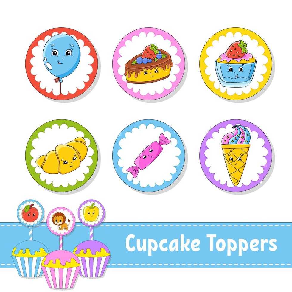 Cupcake Toppers. Set of six round pictures. Cartoon characters. Cute image. For birthday, party, baby shower. vector