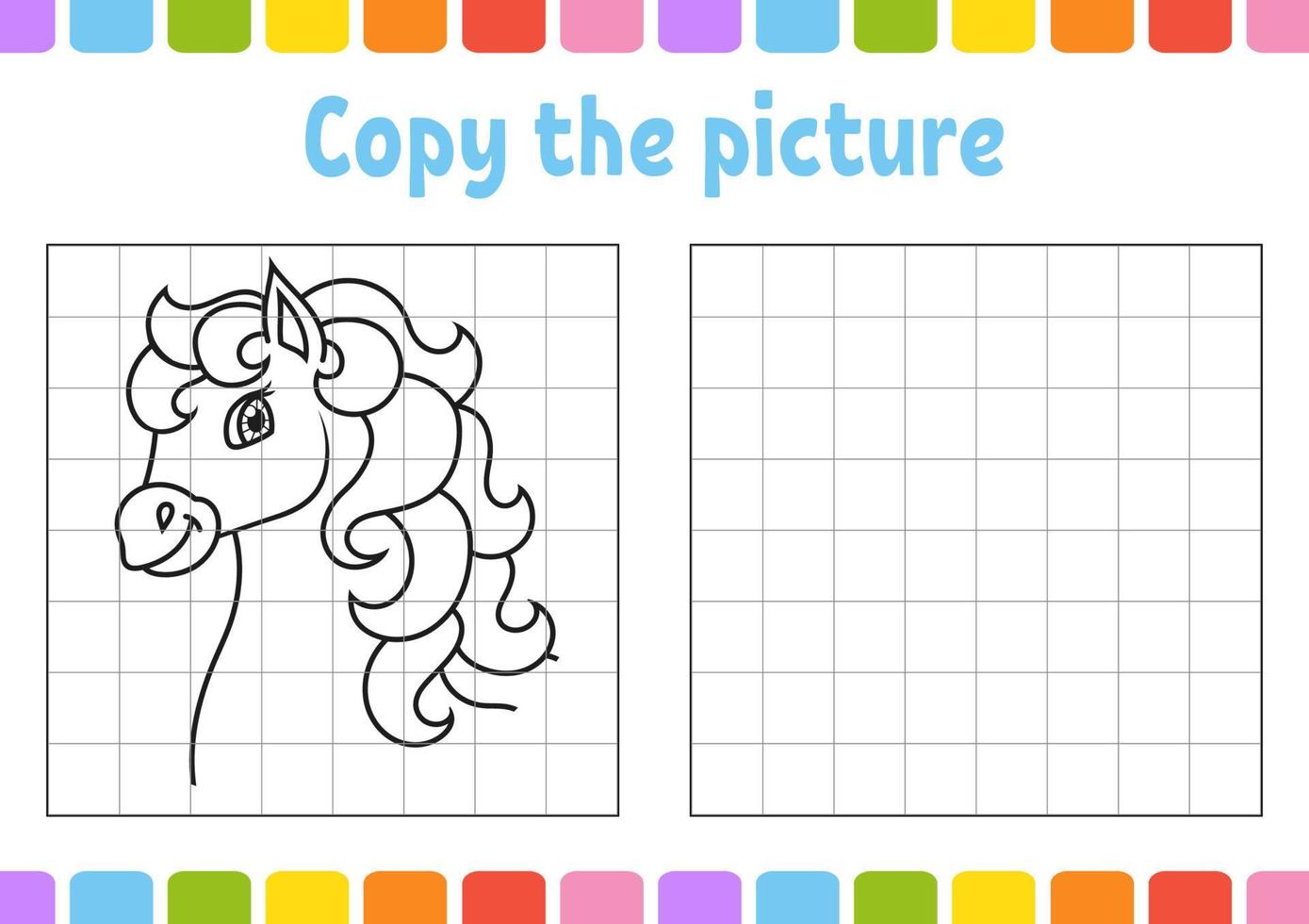 Copy the picture. Horse animal. Coloring book pages for kids. Education developing worksheet. Game for children. Handwriting practice. Funny character. Cute coon vector illustration.