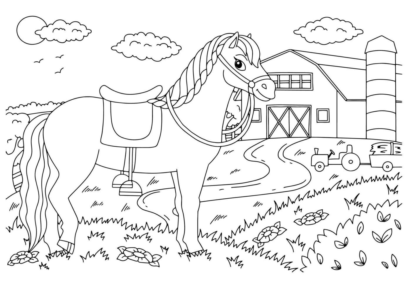 lindo caballo. animal de granja. página de libro para colorear para niños. estilo de dibujos animados. ilustración vectorial aislado sobre fondo blanco. vector