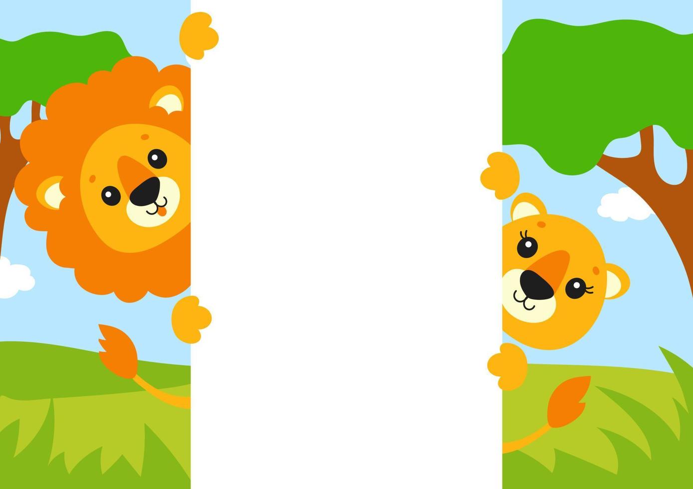 Cute cartoon character holding white blank poster. With place for text. Colored vector illustration.