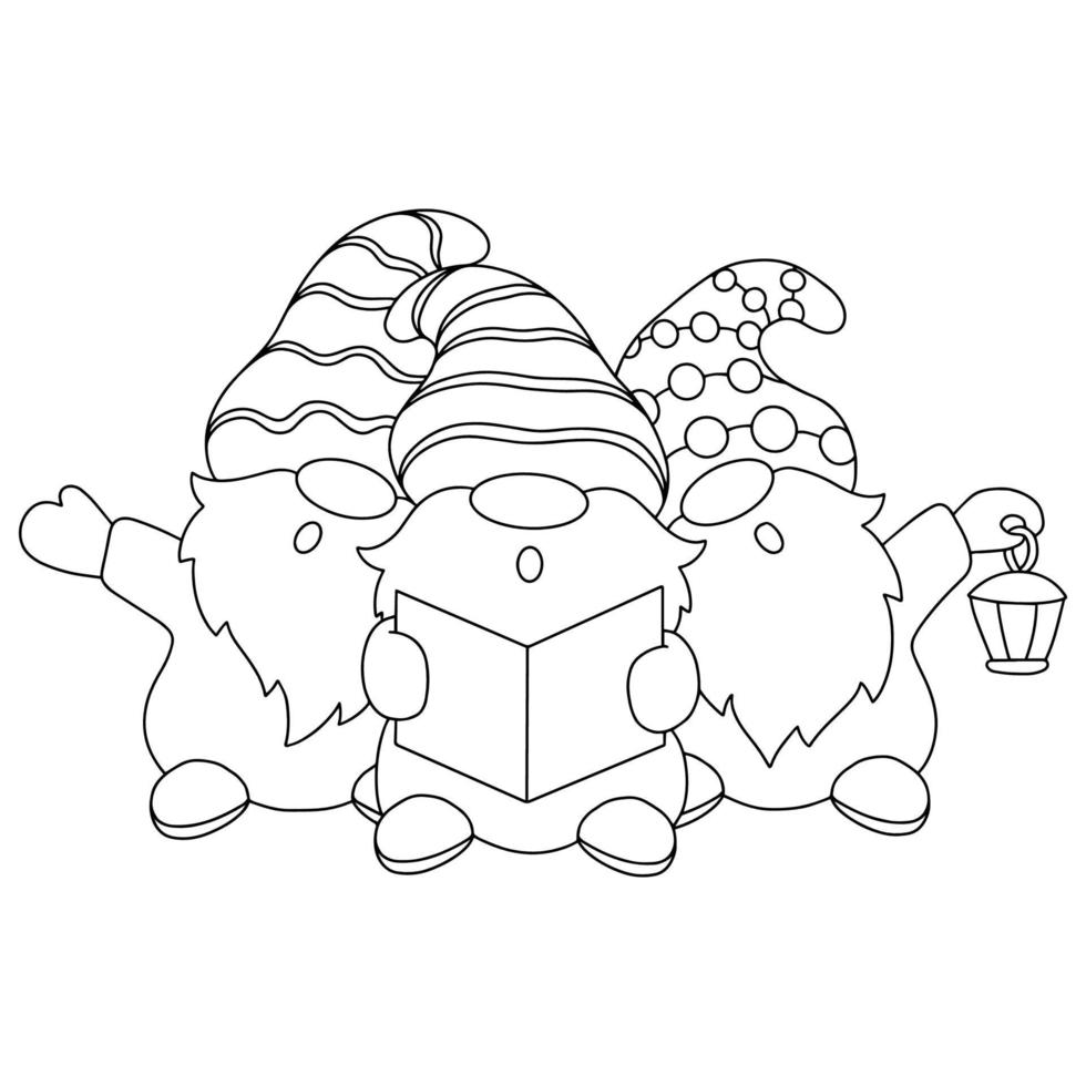 The dwarfs are singing Christmas carols. Coloring book page for kids. Cartoon style character. Vector illustration isolated on white background.