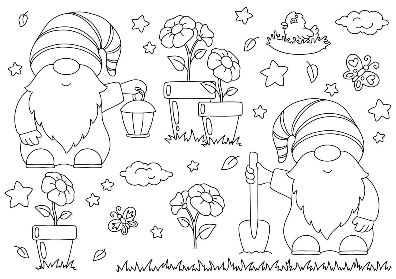 conjunto de lindos gnomos de jardín con pala y linterna. página de libro para colorear para niños. personaje de estilo de dibujos animados. ilustración vectorial aislado sobre fondo blanco. vector