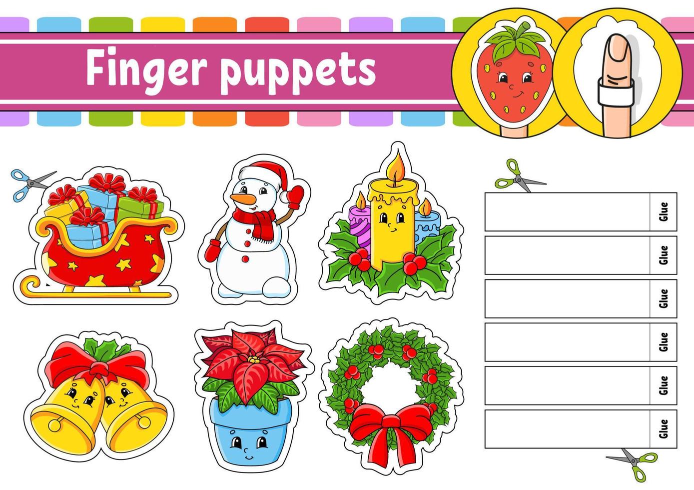 Finger puppets. Activity Game for kids. Cute characters. Cartoon style. Christmas theme. Color vector illustration.
