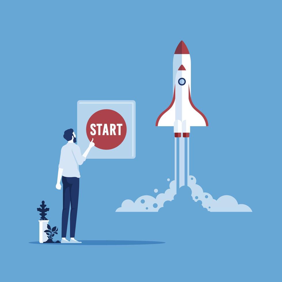 Businessman pushing the button start to launch rocket, startup new business project vector