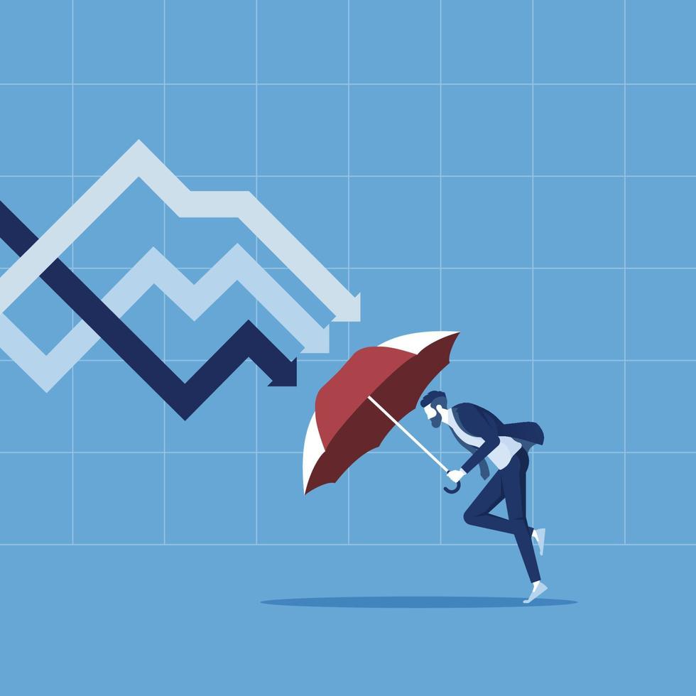 Protection stock market in economy crisis or market crash, businessman holding umbrella to protect from down arrow vector