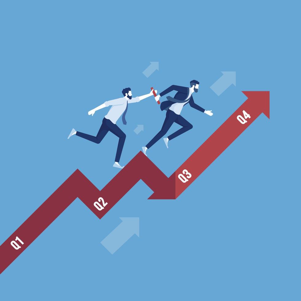 Two businessman passing the baton running relay race on arrow, business growth concept vector