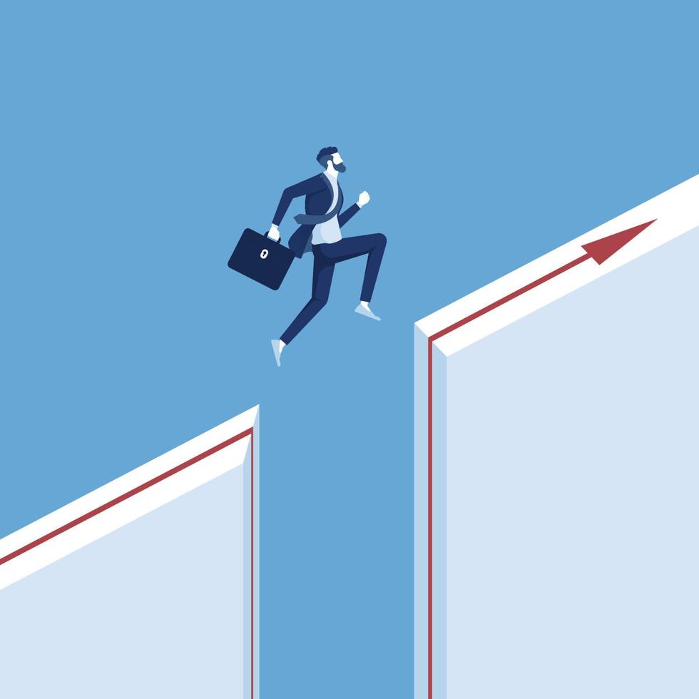 businessman jump through the gap between hill, man jumping over cliff, business concept of courage vector