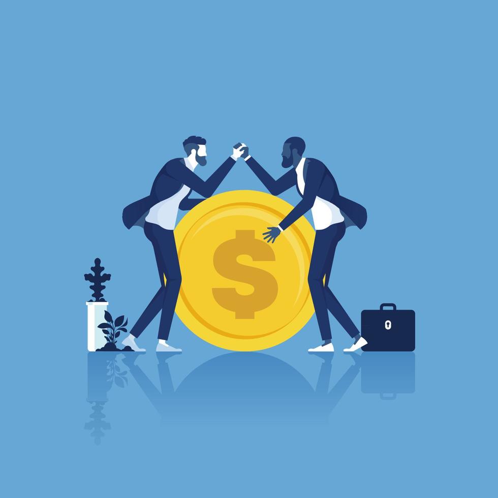 two businessman engaged in an arm wrestle for money with full effort, fight for money, competition concept vector
