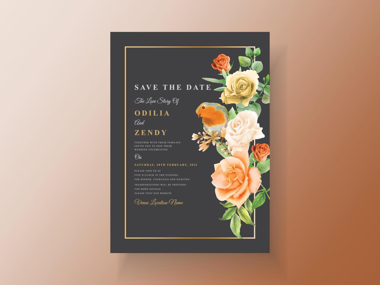 hermosa tarjeta de invitación de boda de flor de naranja vector