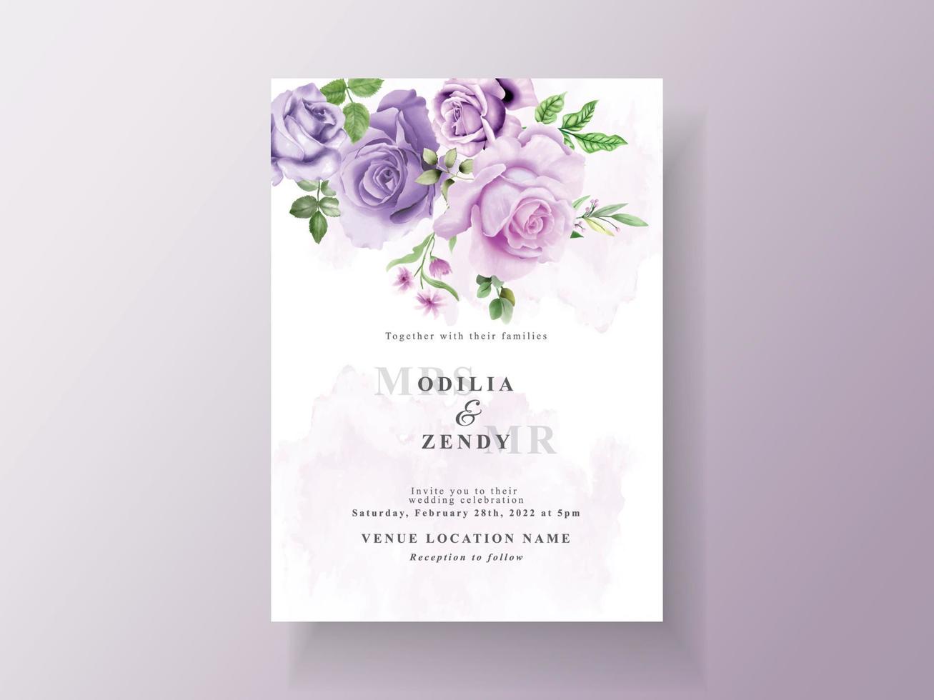 hermosa plantilla de invitación de boda de flores púrpuras vector