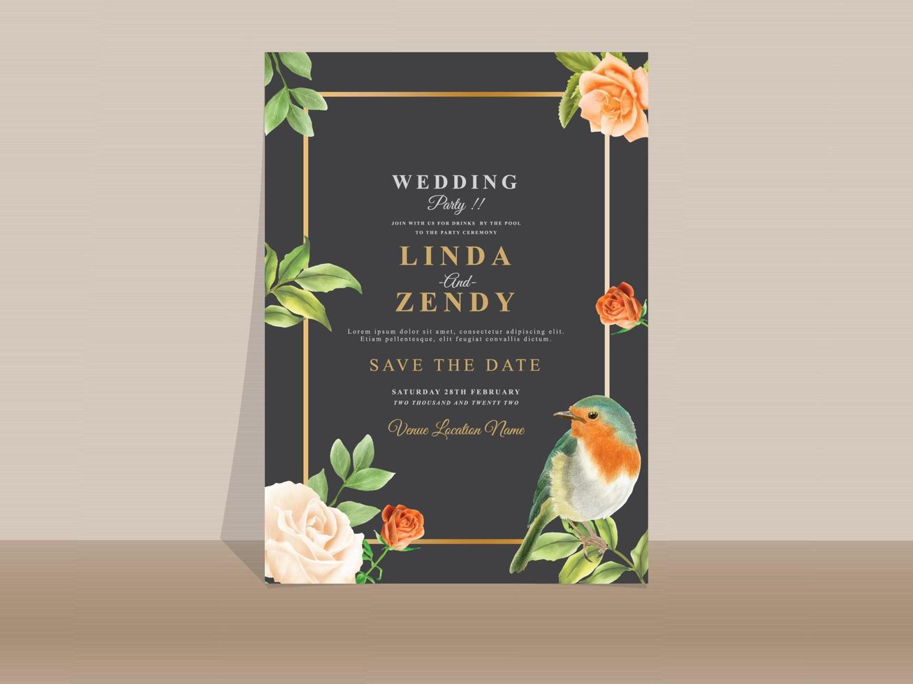 Elegant yellow and orange floral wedding invitation card vector