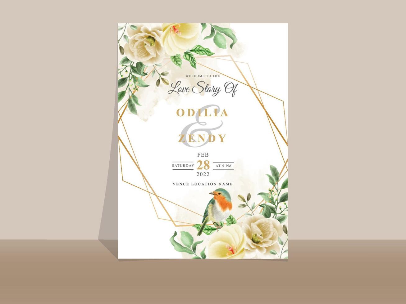 elegante tarjeta de invitación de boda floral amarilla y naranja vector