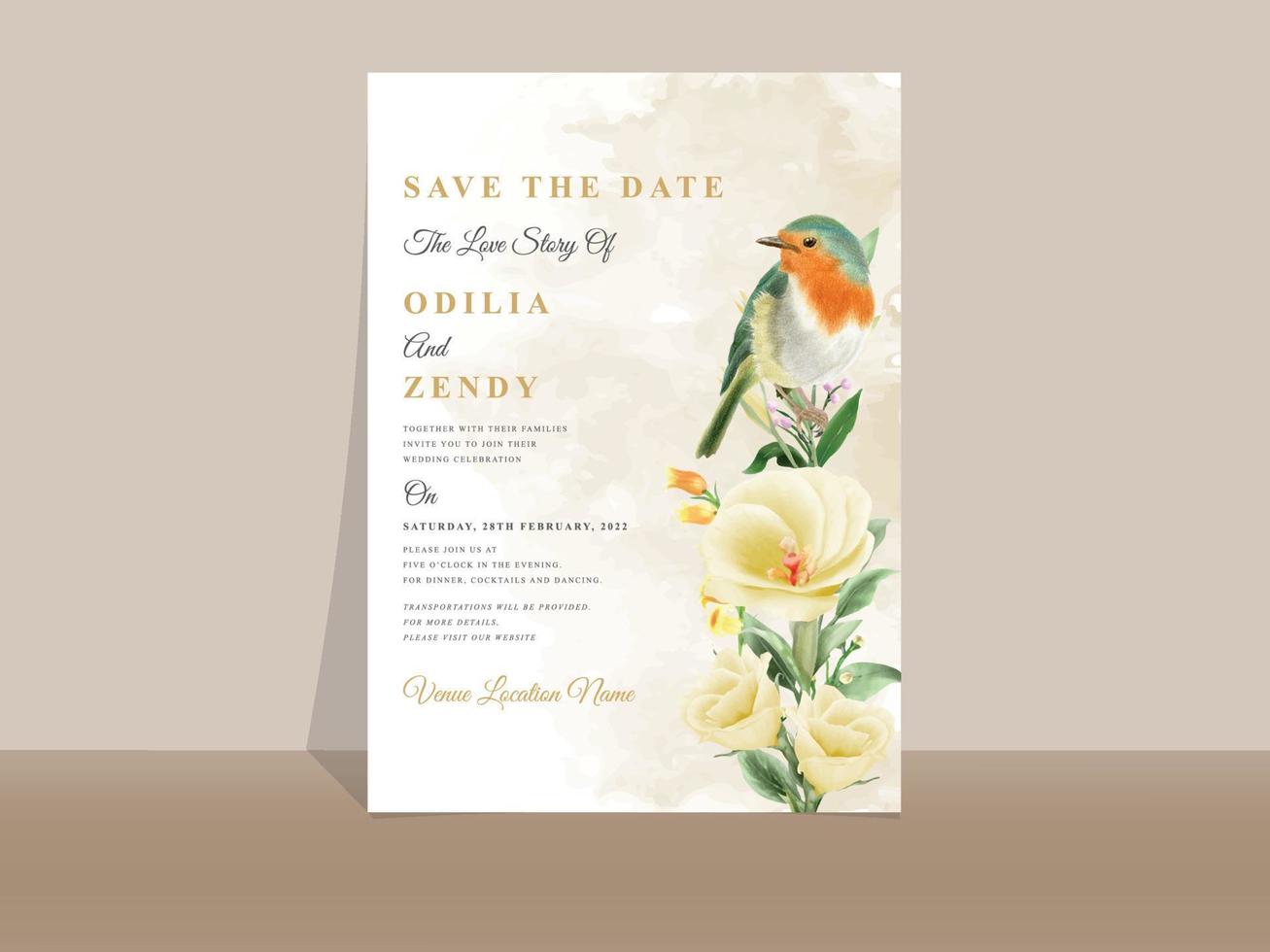 elegante tarjeta de invitación de boda floral amarilla y naranja vector