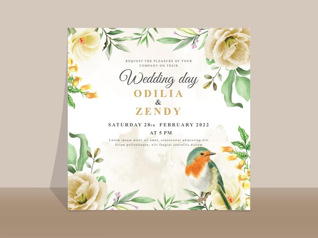 elegante tarjeta de invitación de boda floral amarilla y naranja vector