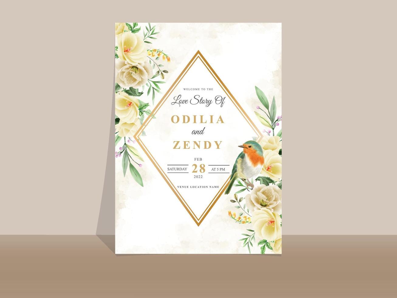 elegante tarjeta de invitación de boda floral amarilla y naranja vector