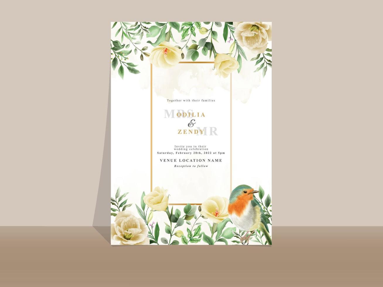 elegante tarjeta de invitación de boda floral amarilla y naranja vector