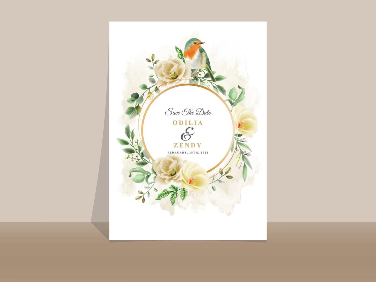 elegante tarjeta de invitación de boda floral amarilla y naranja vector