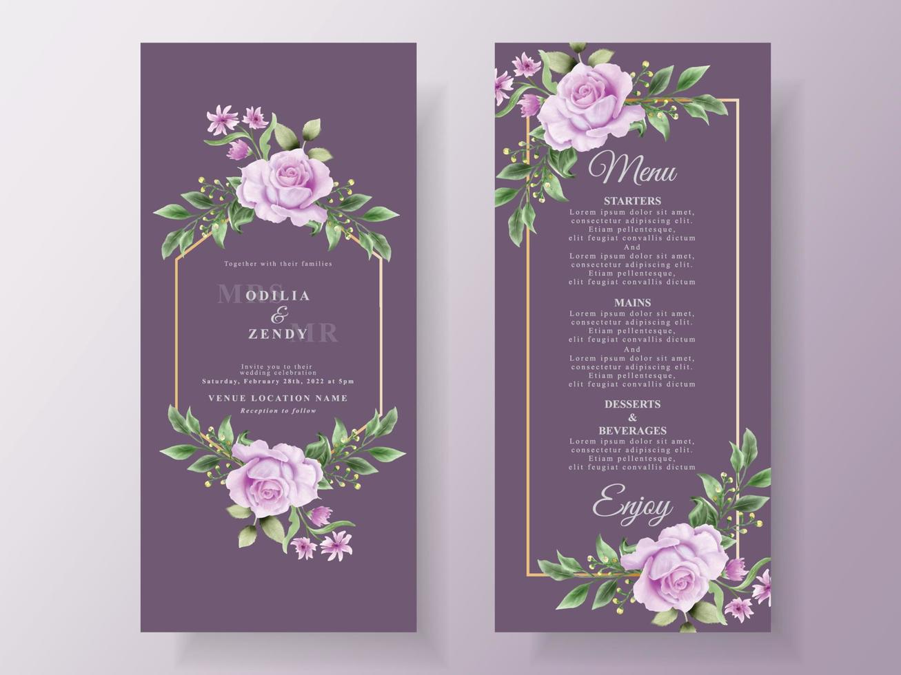 hermosa plantilla de invitación de boda de flores púrpuras vector