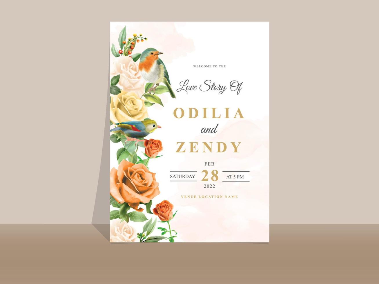 Elegant yellow and orange floral wedding invitation card vector