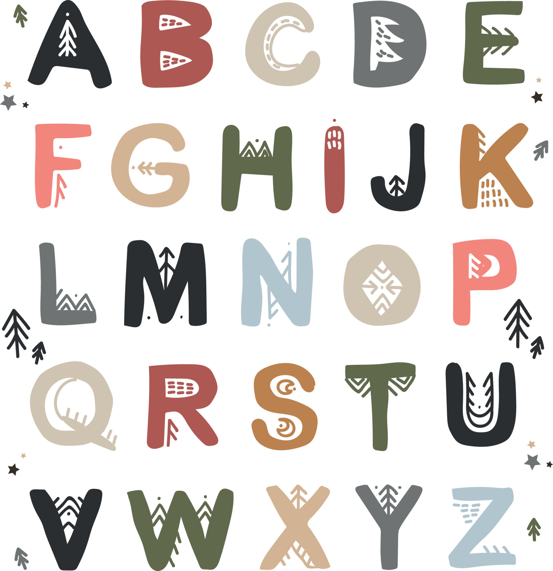 Original alphabet in Scandinavian style. Ethnic letters for teaching  children. Hand-drawn forest alphabet in pastel colors 4675094 Vector Art at  Vecteezy