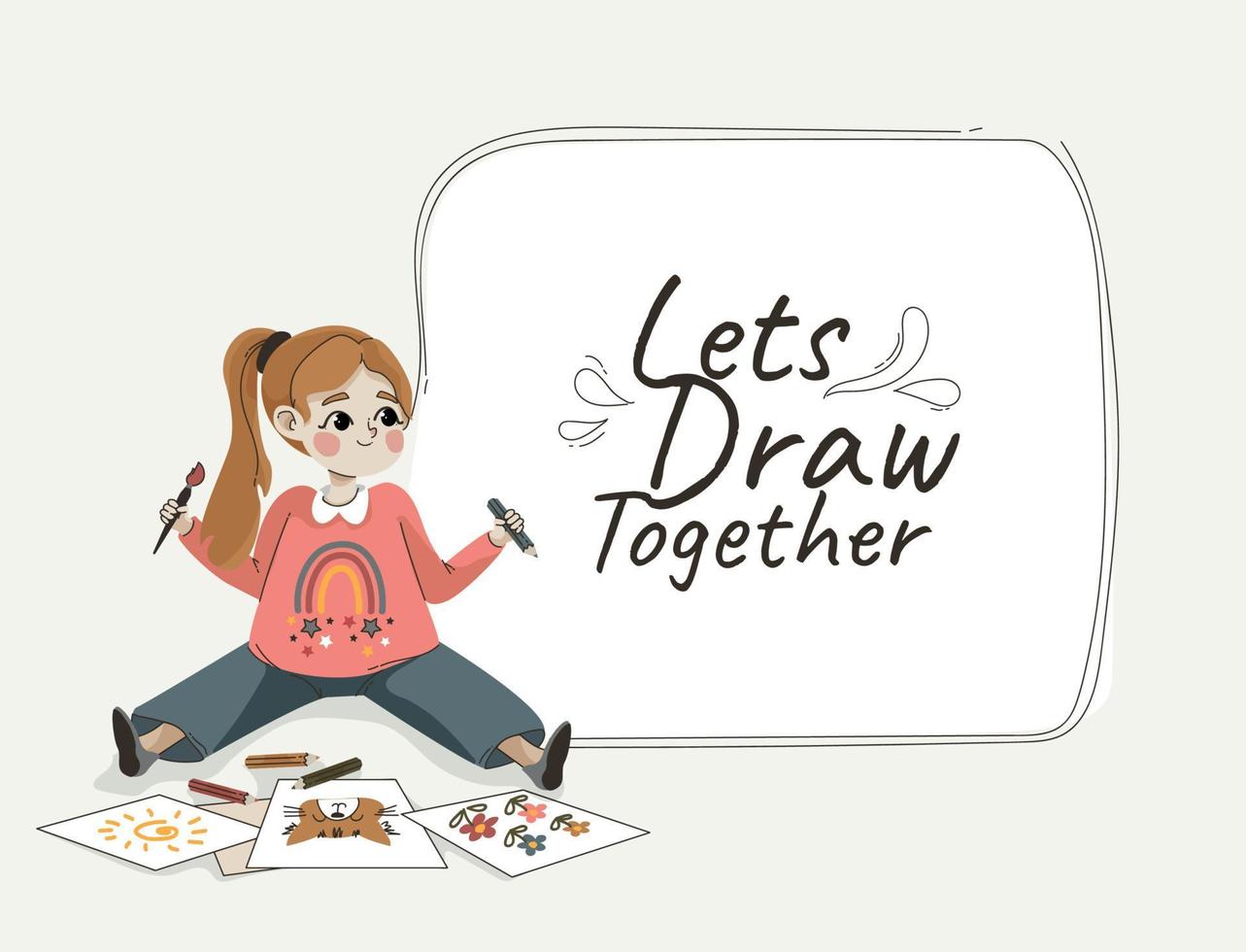 Cute little girl draws with pencils. Vector illustration of hobby drawing. Let's paint together