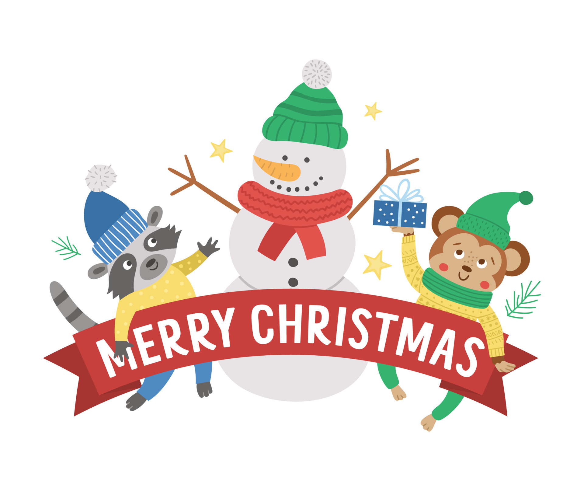Vector Merry Christmas composition with text, snowman, raccoon, monkey.  Funny winter holiday background design for banners, posters, invitations.  New Year card template 4675096 Vector Art at Vecteezy