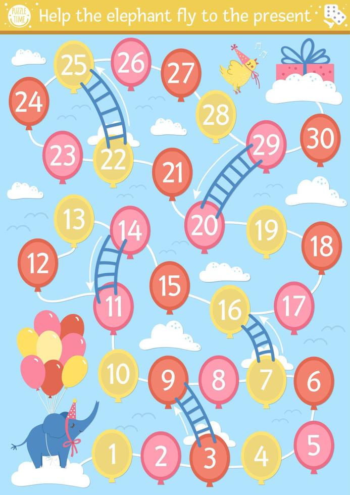 Birthday board game for children with cute animal. Educational holiday boardgame with clouds, ladders and balloons. Surprise party activity. Help the elephant fly to the present. vector