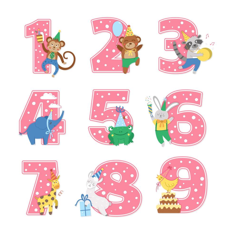 Birthday party numbers set with cute animals. Anniversary card templates for kids. Bright pink holiday illustration with funny forest and tropical characters. Festive design collection for children vector