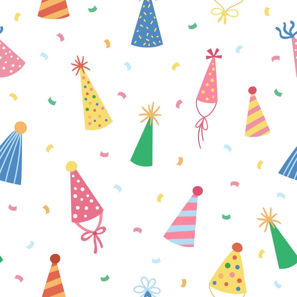 Vector cute seamless pattern with birthday party hats. Funny repeating background with b-day accessory. Bright holiday digital paper for kids.