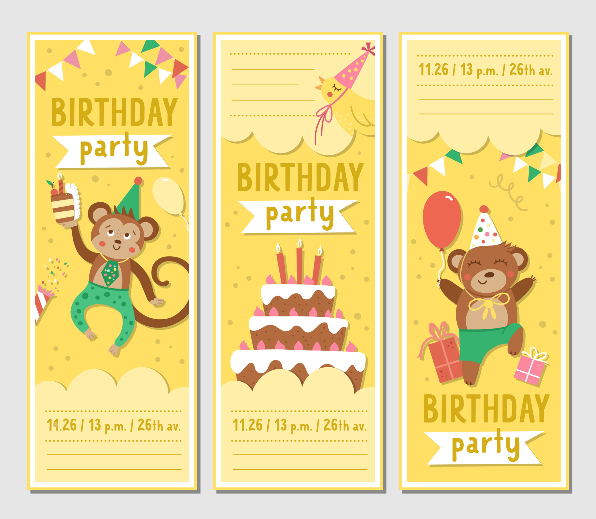 Set of Birthday party greeting card templates with cute animals.  Anniversary vertical poster or invitation for kids. Bright holiday bookmark  illustration with funny monkey, bear, cake with candles 4675105 Vector Art  at