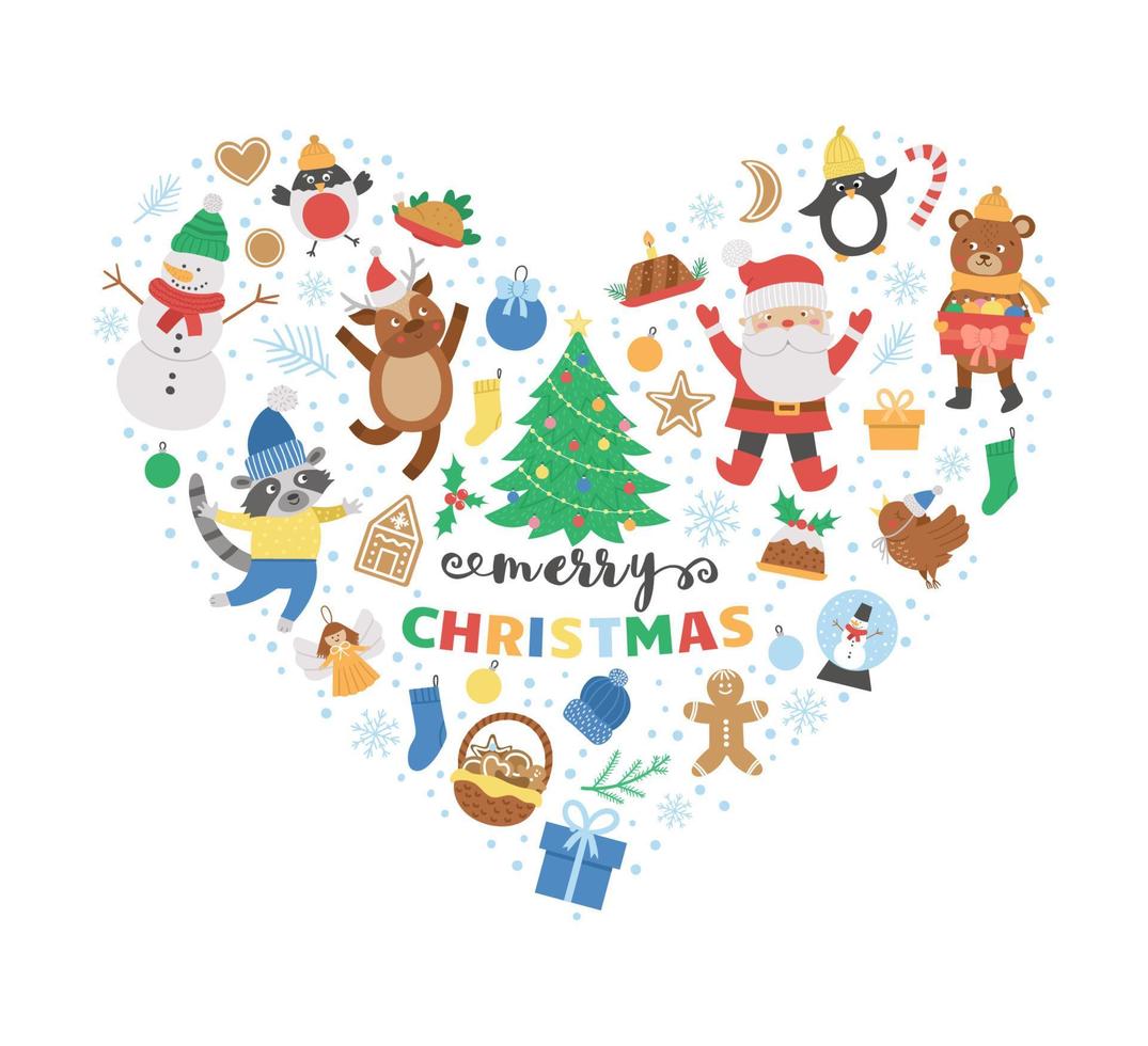 Vector heart shaped frame with Christmas elements. Traditional Ney Year party clipart. Funny design for banners, posters, invitations. Cute winter holiday card template with love concept.