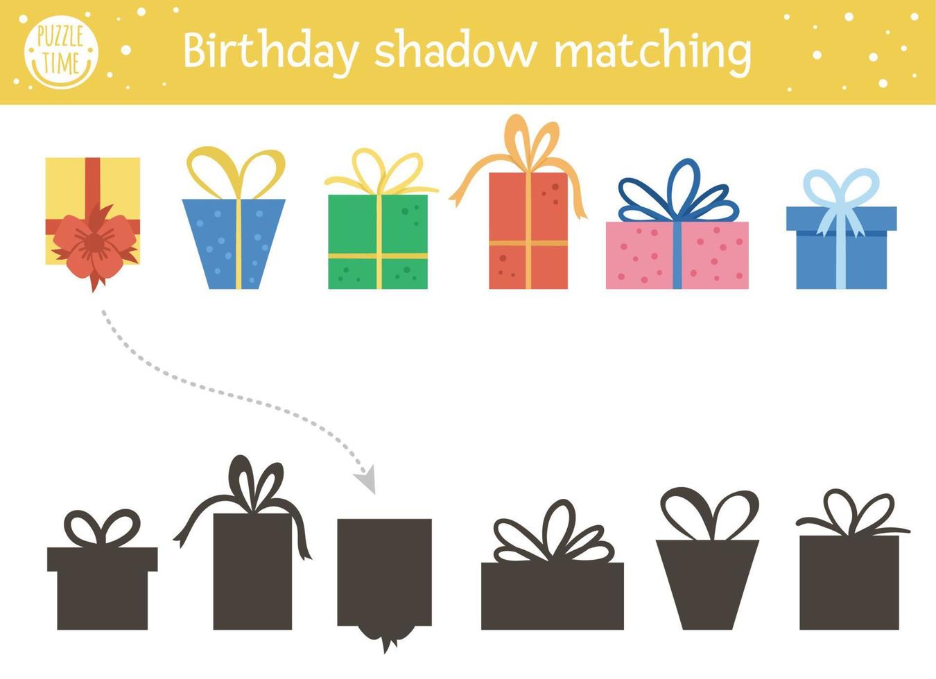 Birthday shadow matching activity for children. Fun puzzle with cute gift boxes. Holiday celebration educational game for kids with presents. Find the correct silhouette printable worksheet. vector