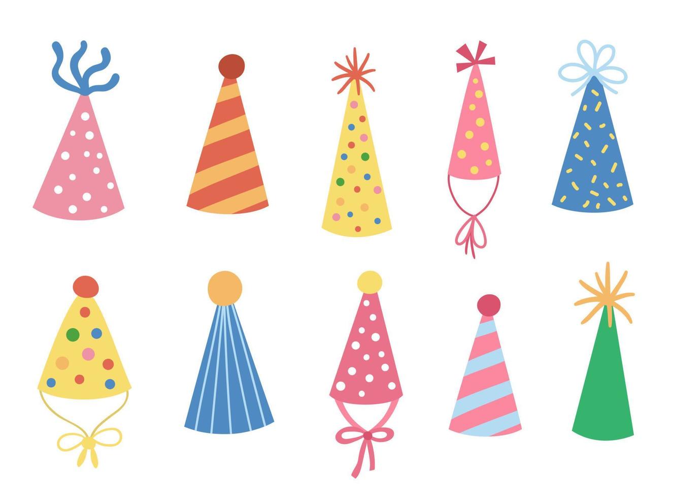 Vector cute set of birthday hats. Funny b-day accessory for card, poster, print design. Bright holiday illustration for kids. Pack with cheerful celebration icons isolated on white background.