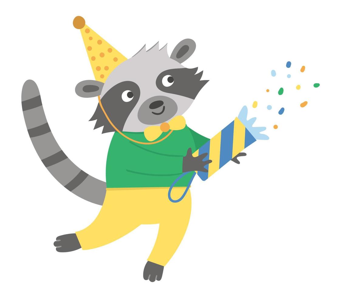 Vector cute raccoon with cracker in birthday hat. Funny b-day animal for card, poster, print 