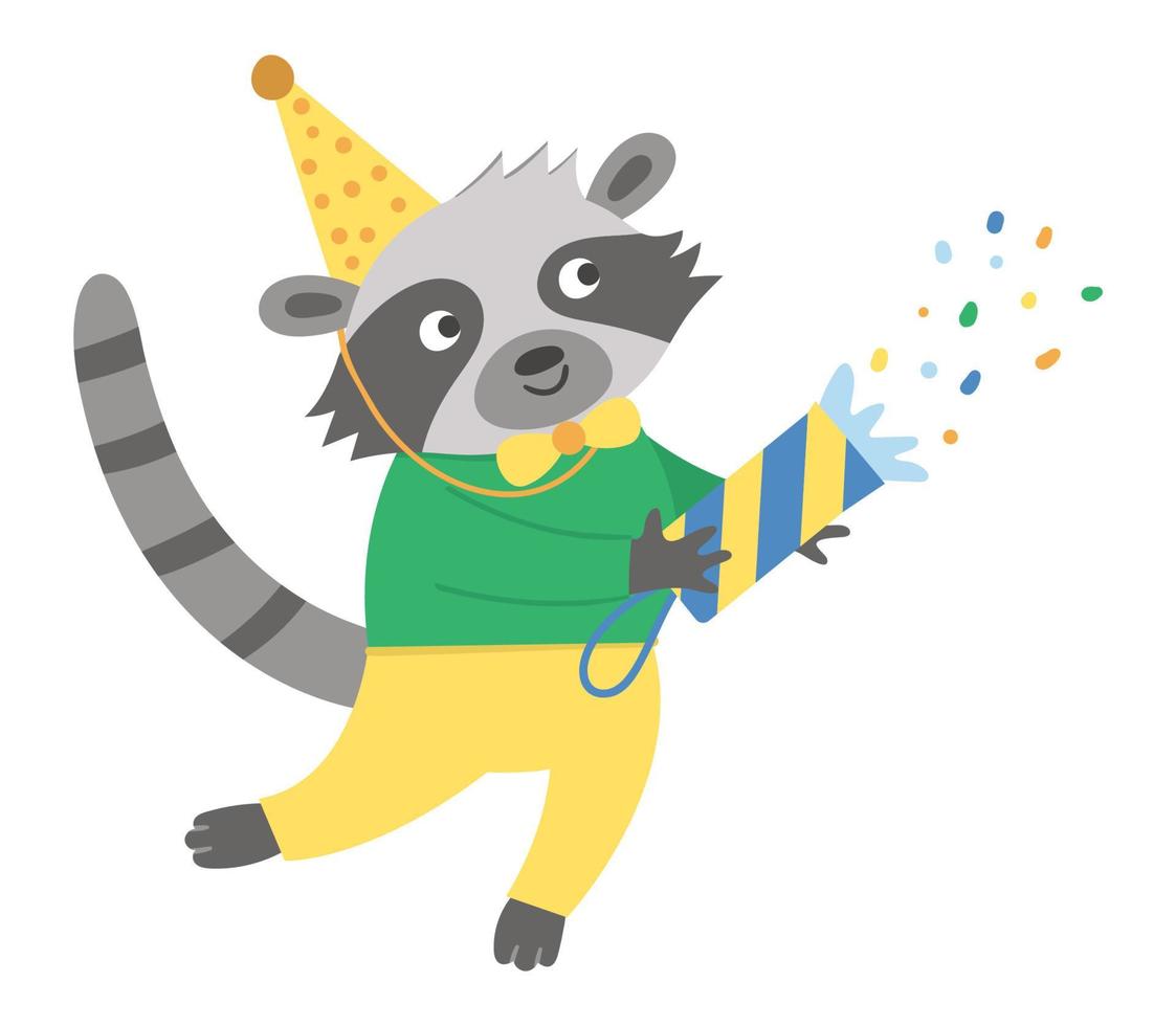 Vector cute raccoon with cracker in birthday hat. Funny b-day animal for card, poster, print design. Bright holiday illustration for kids. Cheerful celebration character icon