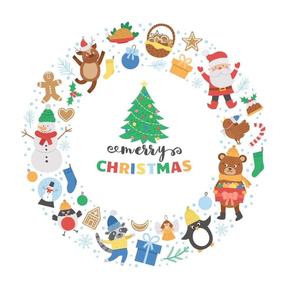 Vector round frame with Christmas elements. Traditional Ney Year party clipart. Funny design for banners, posters, invitations. Cute winter holiday card template in circle shape.