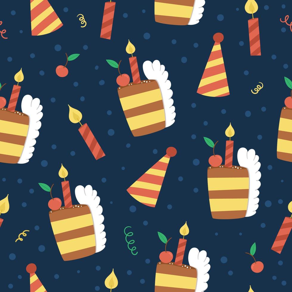 Vector seamless pattern with cute cake, candle, party hat. Party celebration repeating Birthday background. Vector holiday digital paper with bright festive design elements