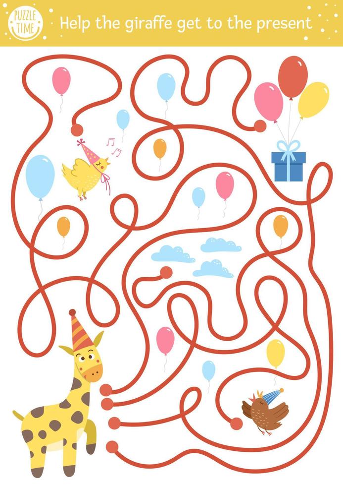 Birthday maze for children. Holiday preschool printable educational activity. Funny b-day party game or puzzle with cute animals, gift box, balloons. Help the giraffe get to the present vector