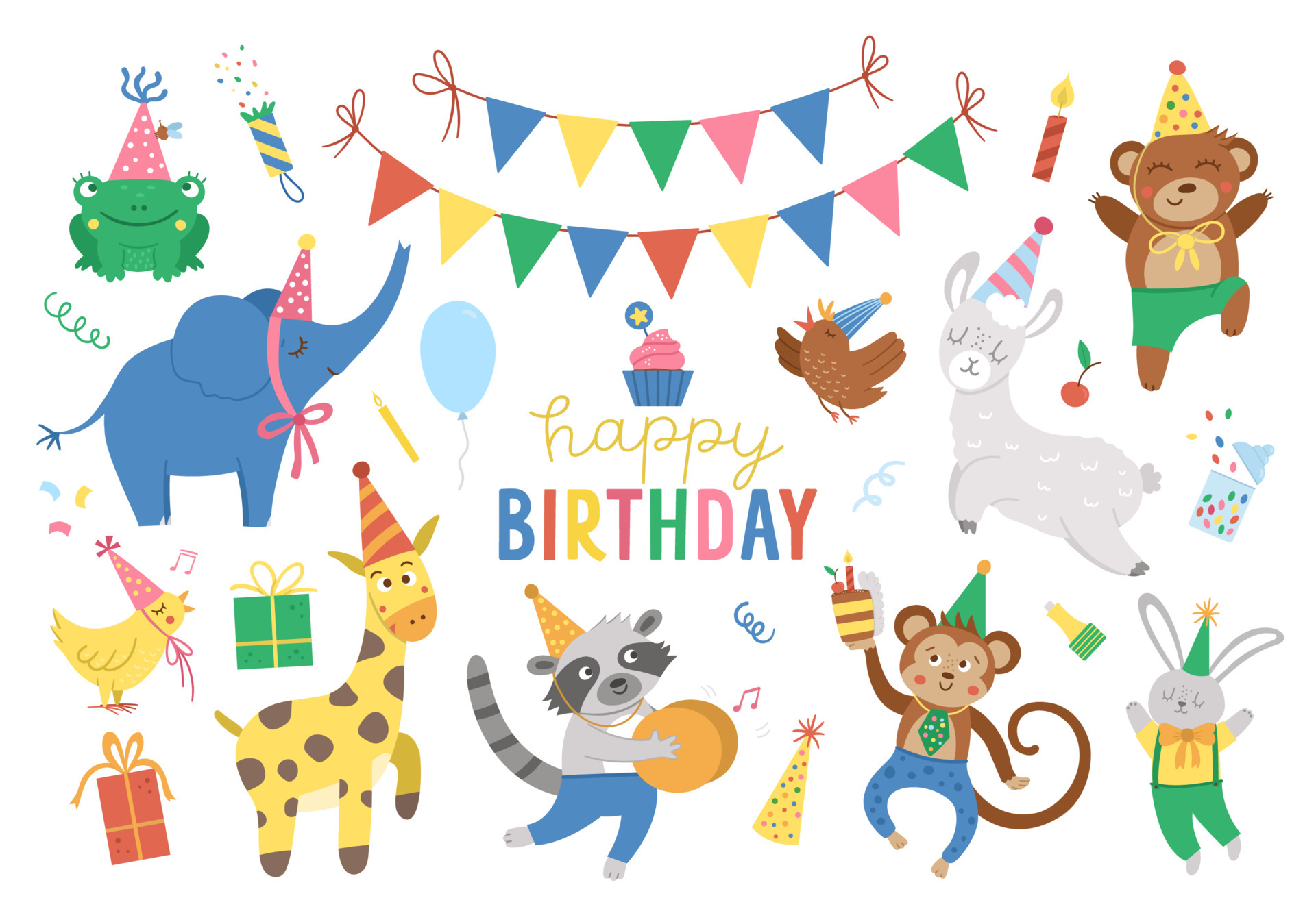 Set of cute cheerful animals in party hats. Birthday party celebration  clipart collection. Vector holiday pack with bright present, cake with  candles, balloon, flags. Happy anniversary design elements 4675124 Vector  Art at