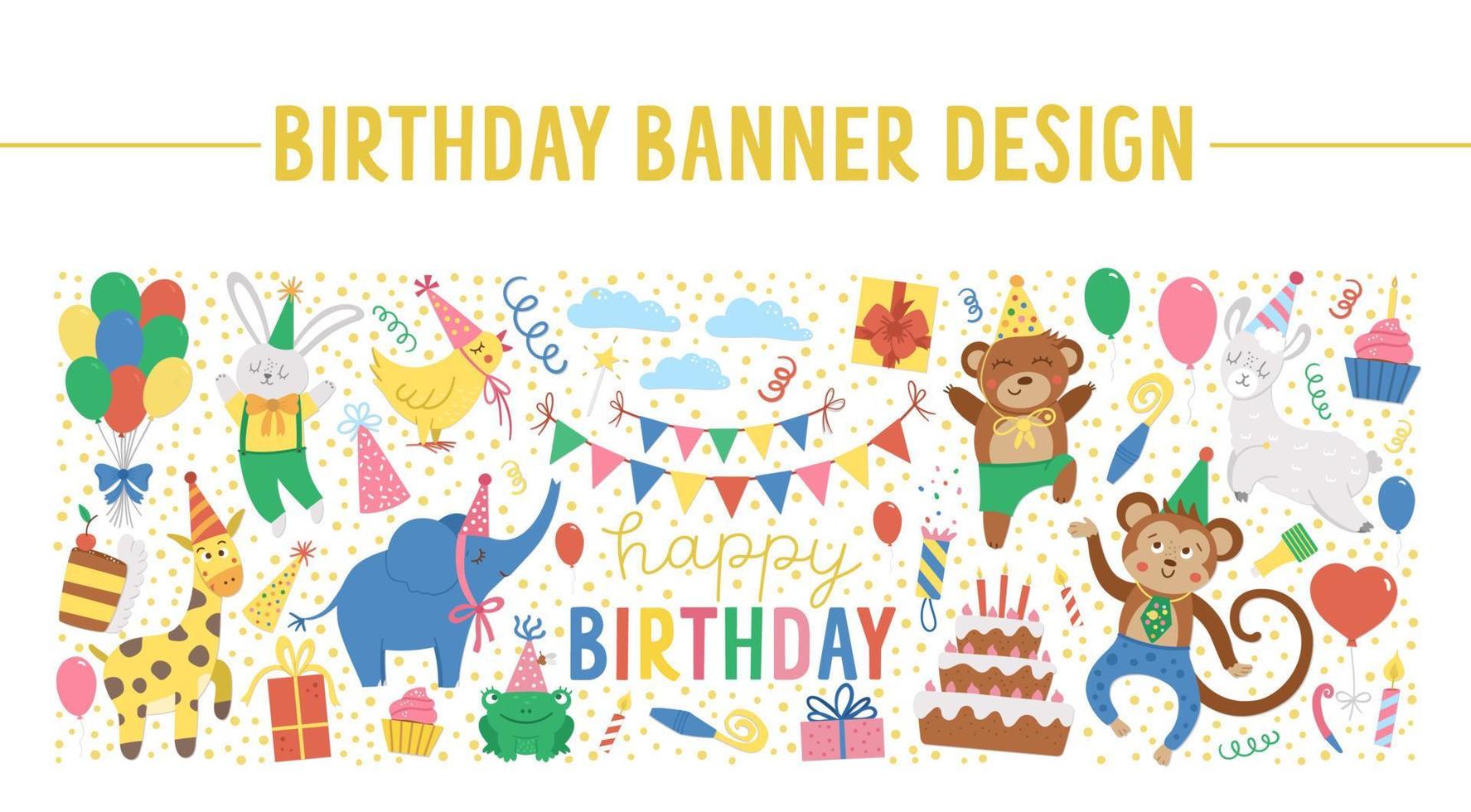 Vector horizontal frame with happy Birthday elements. Traditional anniversary party clipart. Funny design for banners, posters, invitations. Cute festive holiday card template with cute animals.