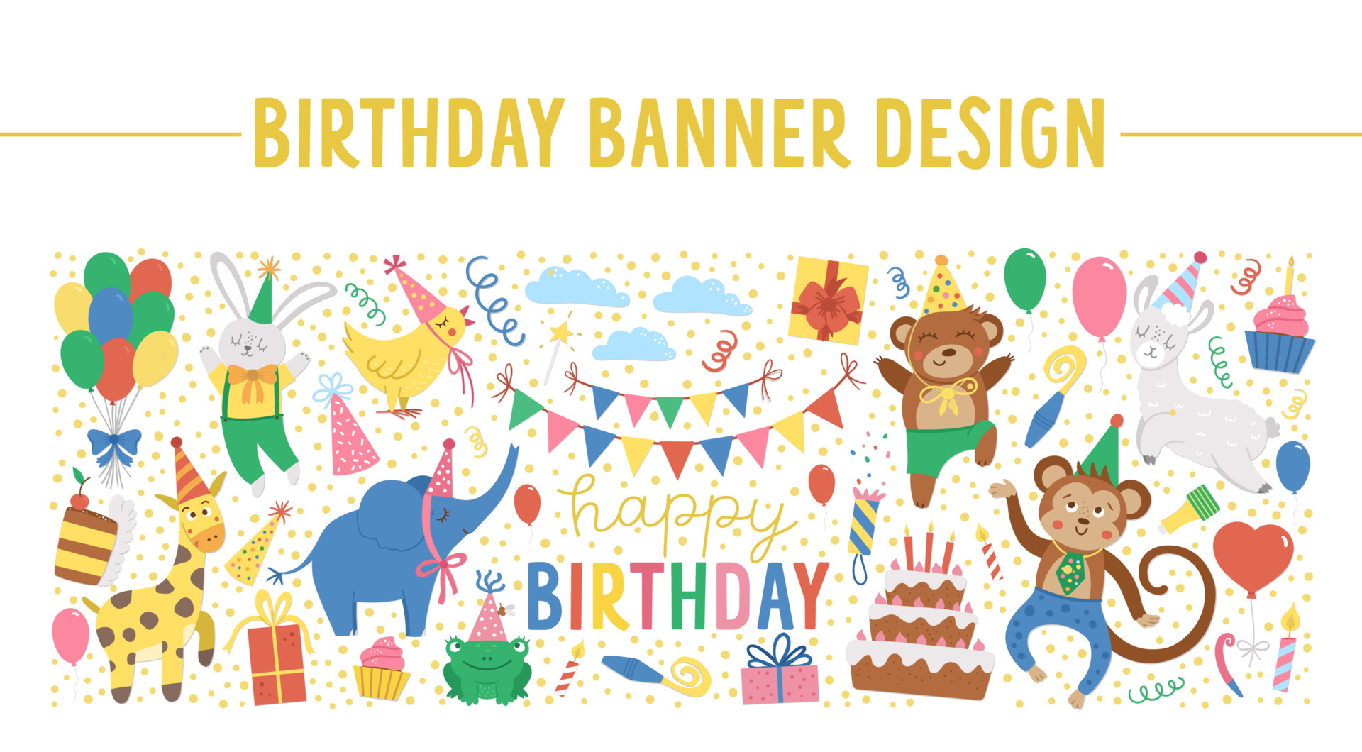 Vector horizontal frame with happy Birthday elements. Traditional anniversary party clipart. Funny design for banners, posters, invitations. Cute festive holiday card template with cute animals. 4675127 Vector Art at Vecteezy Vector horizontal frame with happy Birthday elements. Traditional anniversary party clipart. Funny design for banners, posters, invitations. Cute festive holiday card template with cute animals. 4675127 Vector Art at Vecteezy