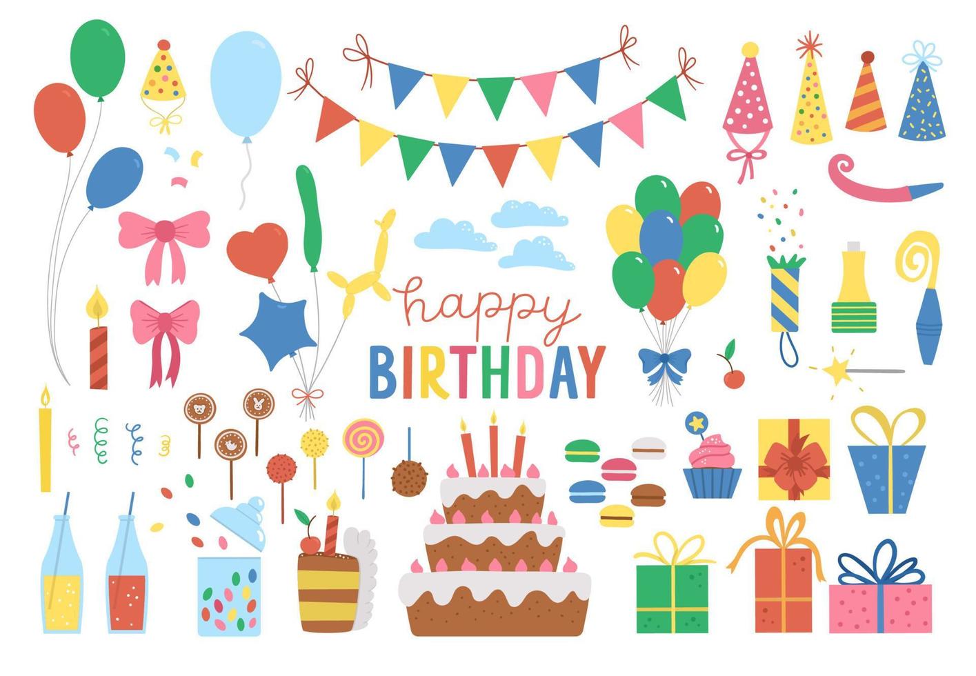 Set of cute Birthday design elements. Party celebration clipart collection. Vector holiday pack with bright presents, cake with candles, balloons, flags. Happy anniversary icons