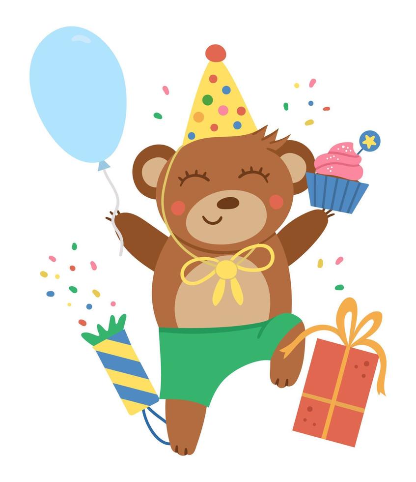 Composición de fiesta de cumpleaños de vector con lindo oso saltarín, globo, presente. diseño de fondo de vacaciones para pancartas, carteles, invitaciones. plantilla de tarjeta festiva con animal gracioso