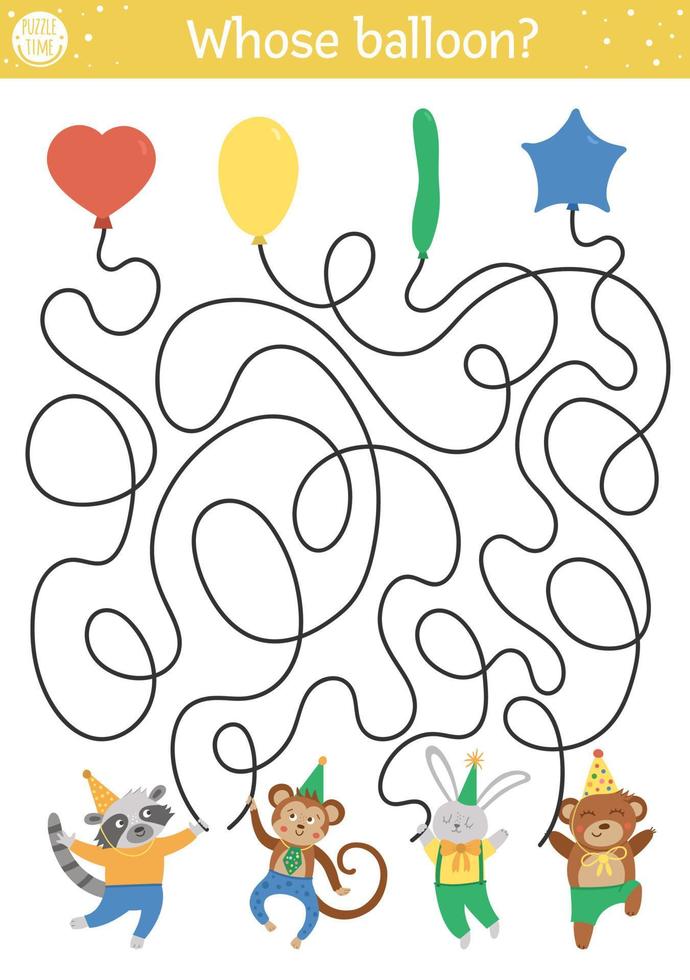 Birthday maze for children. Holiday preschool printable educational activity. Funny b-day party game or puzzle with cute animals and air balloons of different shapes. Whose balloon vector