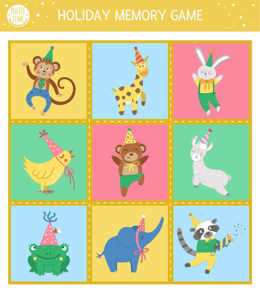 Christmas memory game cards with traditional holiday symbols. Matching activity with funny characters vector